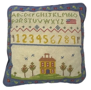 Sampler Throw Accent Pillow Needlepoint Primitive SchoolHouse Home American Flag - Picture 1 of 6