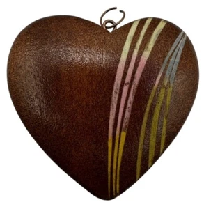 Handcrafted Wooden Heart Pendant Multicolor Painted Rustic Brown Minimalist - Picture 1 of 7