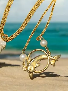 Collana Vintage Delfino, Focena Perla Oceano Pendente Ciondolo Corda Catena 18 - Foto 1 di 10