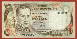 BANCO DE LA REPÚBLICA BOGOTÁ COLOMBIA 2. 3. 2.000 Pesos Oro P-433Ah 1992,1 CH VF - Imagen 1 de 2