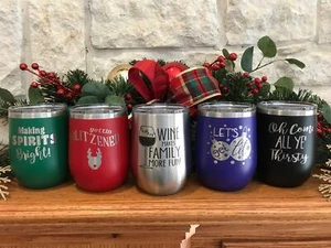 Christmas laser engraved stainless steel wine glasses / stemless personalized - Picture 1 of 10