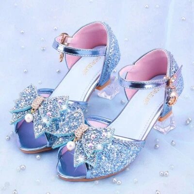 Sandalias de tacón alto con lazo y lentejuelas de verano Elsa Princesa azul cristal zapatos para niña Foto 1 de 4
