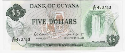 Guyana 5 Dollars P 22e ND 1989 UNC Signature 7 ( P 22 e ) - Image 1 of 2