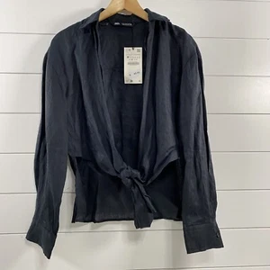 Zara Womens 100% Linen Wrap Front Long Sleeve Shirt sz M Black NWT Boho Concert - Picture 1 of 10