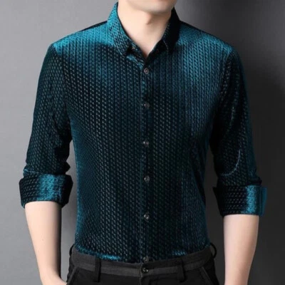 Men Velvet Blouse Pleuche Shirts Tops Long Sleeve Check Business Casual Slim New - Image 1 of 4