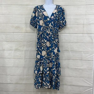 Knox Rose Dress Womens Large Blue Floral Wrap Side Tie Tiered Ruffled Hem Midi - Picture 1 of 14