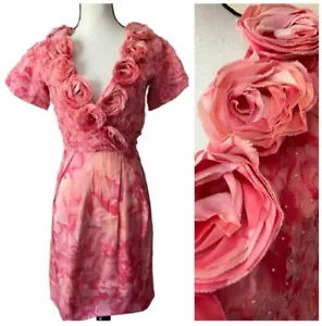 Thakoon Floral Pink Roses 🌹 100% Silk Fit Flare Back Tie Dress 4/S - Bild 1 von 17