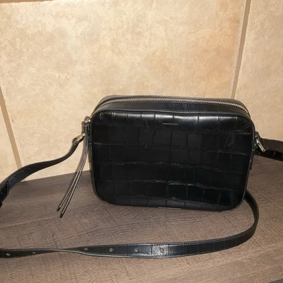 ALL SAINTS Capitán Croc-Repujado NEGRO Cuero Bandolera Cámara Bolso Cuadrado Foto 1 de 4