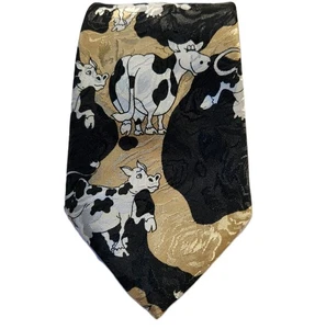 Renaissance Men's Necktie Novelty Print Happy Cows Black & Brown Tie Farmer Gift - Picture 1 of 8