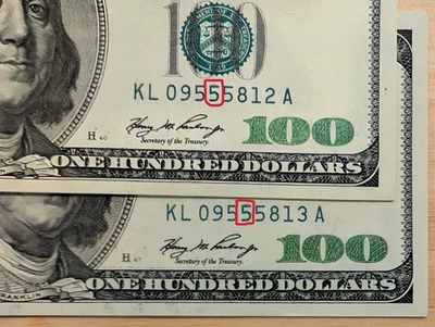 Lot of 2 Consecutive US $100 Dollar Bills 2006-A *555* Over-Inking Error - Image 1 of 4
