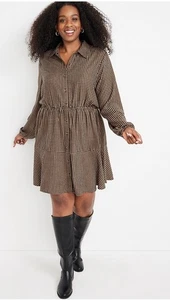 Maurices Kleid Damen XL braun schwarz Gingham kariert Knopf Langarm Stufen - Bild 1 von 9