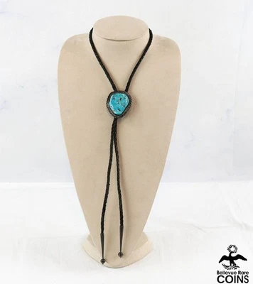 Corbata Native Mary Joe Navajo de plata esterlina y cuero turquesa acorde bolo Foto 1 de 4