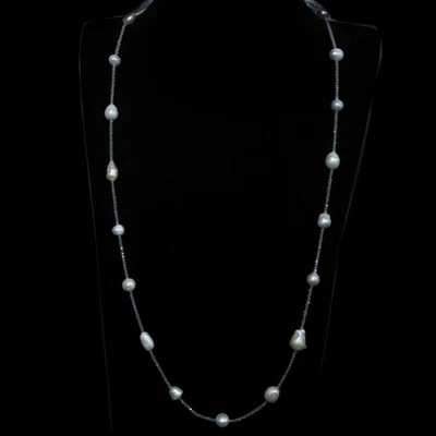 Collar de plata 925 hecho a mano de perlas blancas y piedras lunares blancas 34,5 pulgadas Foto 1 de 4