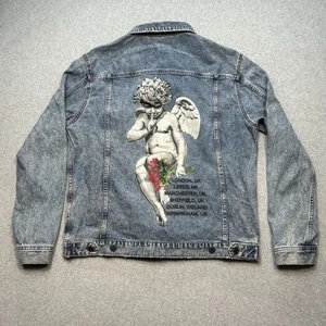 Young Thug Graphic Denim Blue Jean Jacket Rap Hip Hop Size Large H&M - Picture 1 of 11