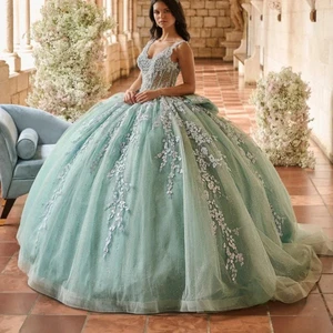 Mintgrüne Quinceanera Kleider Spaghettiträger Spitzenapplikation Ballkleider süß 16 - Bild 1 von 8