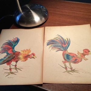 Pair Of Fantastic Vintage Watercolor & Ink Chicken Original Paintings 6” X 8” - Picture 1 of 10