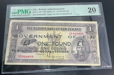 Fiji Emergency Issue Ovpt on New Zealand 1 Pound ND (1942) Pick#45b PMG 20 Note - Image 1 of 2