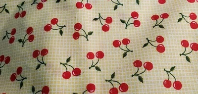 Cotton Fabric Red Cherries With Green Stems And Leaves On Yellow Checkered 19x18 - Image 1 of 3