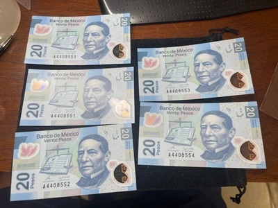 2010 Mexico 20 Pesos 5 Banknotes Lot UNC Consecutive High Value - Image 1 of 4