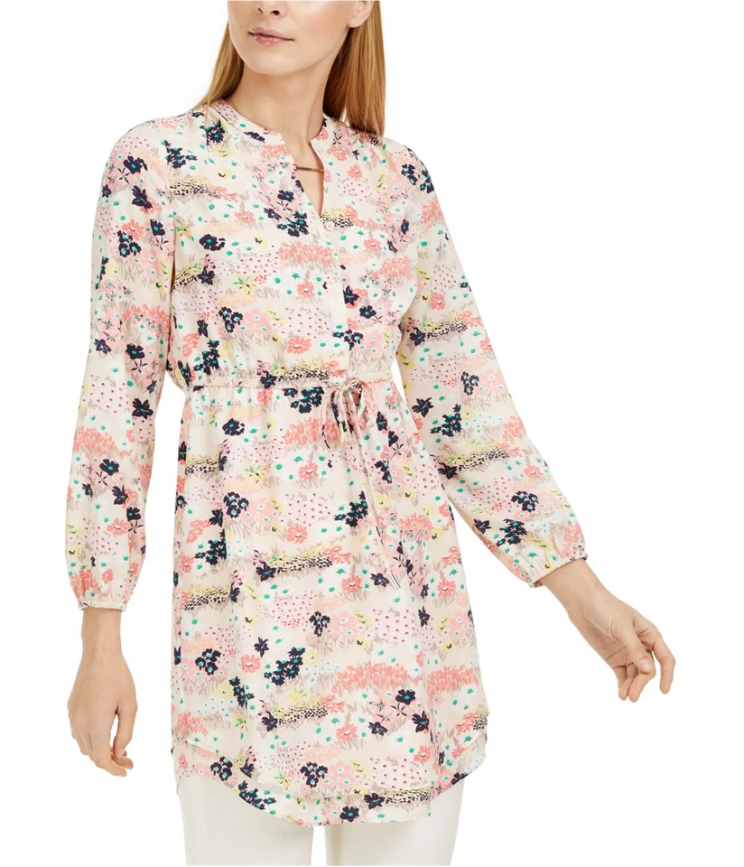 Maison Jules Womens Sheath Tunic Dress Pink XS Floral-print Button-front 090