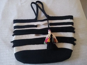 Stella&Dot Taj Tote Black & White Multicolored Tassel Fringe Rope Weave Summer - Picture 1 of 8