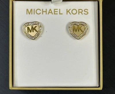 MICHAEL KORS Heart Shaped Gold Plated MK Logo Pavé Crystals Stud Earrings - New - Image 1 of 3