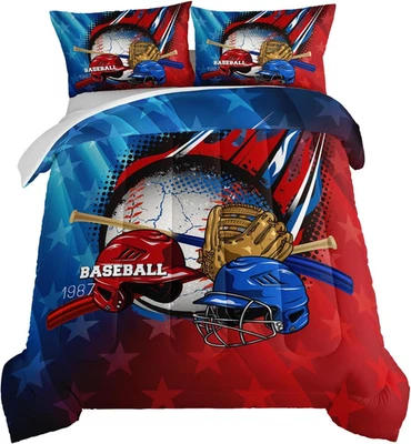 Juego de edredón de béisbol para niños adolescentes decoración de dormitorio, casco de béisbol rojo y azul Foto 1 de 4