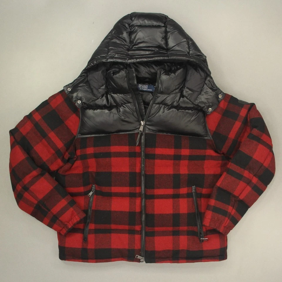 Polo Ralph Lauren 男式羊毛混纺羽绒夹克 XL 码红色黑色格子全新带标签 — 第 1/4 张图片