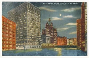 Nachtansicht nach Süden von Wells Street Bridge, Milwaukee, Wisconsin ca.1940 - Bild 1 von 2