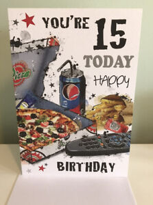 HAPPY 15TH BIRTHDAY CARD By Simon Elvin, AGE 15 BOY CARD, Pizza,Mobile -Tv.