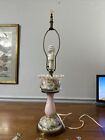 French Style White Milk Glass Floral Handpainted Lamp With Crystals No Shade