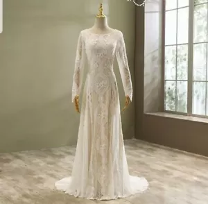 UK Champagne Bridal Long Sleeve Lace Boho A Line Beach Wedding Dresses Size 12 - Picture 1 of 7