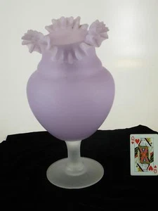 Large 13" Victorian Purple Glass Vase Mouth Blown Frosted with Ruffle Top - Picture 1 of 10
