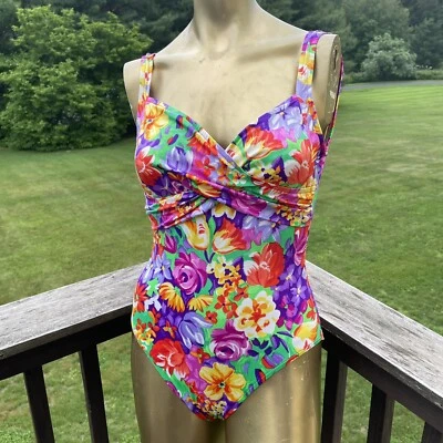 JANTZEN Swimsuit One Piece Tank Shelf Bra Ruching Bright Floral 80s 90s Vtg 12 - Image 1 of 4