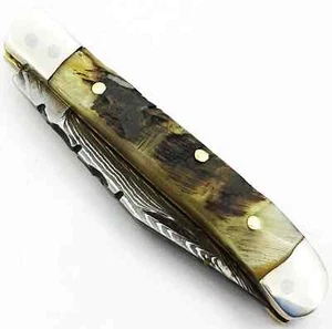 HAND FORGED Damascus Steel Folding Mini Trapper Pocket Knife "Ram Horn Handle" - Picture 1 of 8