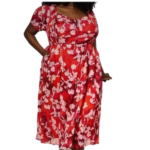 Torrid Midi Cotton Clip Dot Lace Up Short Sleeve Smocked Red Dress, 3, 3X, 22-24 - Picture 1 of 9
