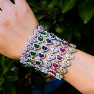 Encantador brazalete de tenis con eslabones de cadena de corazón de cristal austriaco rosa plateado circonita cúbica - Imagen 1 de 18