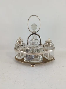 Vintage 5-Piece Silverplate and Etched Cut Glass Cruet Set Marked EPNS M41 - Picture 1 of 17