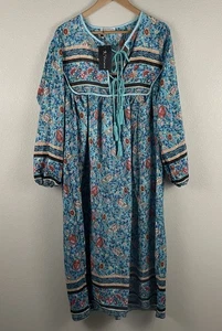 Vestido Boho Midi R. Vivimos Mujer M Manga Larga Azul Estampado Floral Borla - Imagen 1 de 4