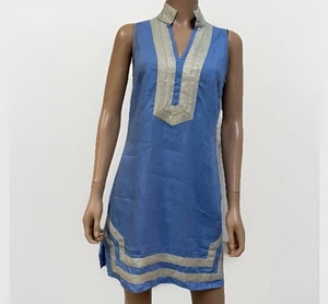 Sail to Sable Blue & Gold Linen Mini Sleeveless Dress Size XS - Picture 1 of 13