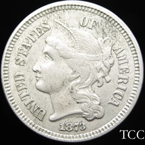 1873 OPEN 3 THREE CENT NICKEL ~ EXCELLENT ORIGINAL 3c COIN ~ FREE SHIPPING ~ TCC - Picture 1 of 8