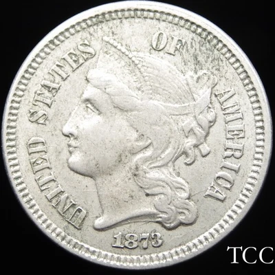 1873 OPEN 3 THREE CENT NICKEL ~ EXCELLENT ORIGINAL 3c COIN ~ FREE SHIPPING ~ TCC - Image 1 of 4