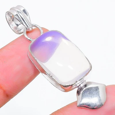 Pendente In Argento Sterling 925 Fatto A Mano In Gemma Opale Latteo 1.85" - Immagine 1 di 4