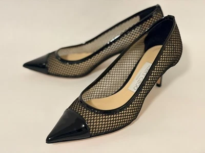 Jimmy Choo Negro Amika 50 Charol Malla Gatito Tacón Punta Puntera Talla 36 EE. UU. 6 Foto 1 de 4