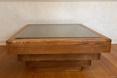 Rare Vintage 1970's Ziggurat Stacked Oak Coffee Table with Bronze Mirror Cover