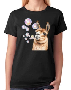 Llama Blowing Bubbles Ladies T-Shirt - Picture 1 of 7