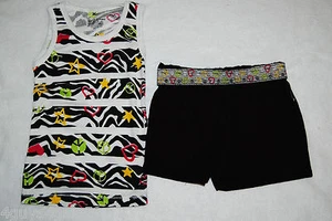 Girls Shorts Set RIBBED TANK TOP Zebra Stripes BLACK SHORTS M 7-8 Peace HEARTS - Picture 1 of 1
