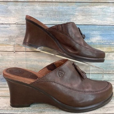 Ariat Mules Sz 7 Brown Leather Slip On Wedge Western Wear Clog Casual Dress Shoe - Image 1 of 4