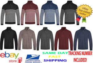 Men's Striped Quarter Zip Trend Classic Half Zip Up Mock Neck Basic Sweater Top  - Picture 1 of 24
