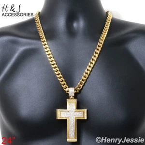 18"-40"Stainless Steel 9mm Gold Plated Cuban Chain BIG ICY CZ Cross Pendant*IP20 - Picture 1 of 26